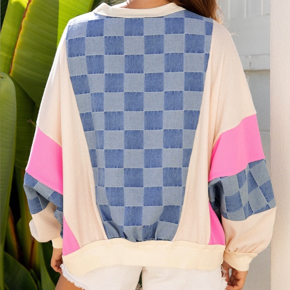 NEW🩷Chelsea Checkered Denim Sweatshirt Medium Oversized - Picture 2 of 8